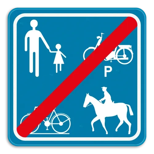 F101a - End of a road or part of a road reserved for pedestrians, cyclists horse riders and drivers of speed pedelecs road sign