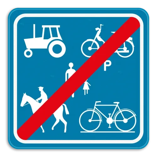 F101c - End of a road or part of a road reserved for farm vehicles, pedestrians, cyclists horse riders and drivers of speed pedelecs road sign
