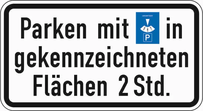 1040-33 - Parken mit Parkscheibe in gekennzeichneten Flächen 2 Stunden Verkehrsschild