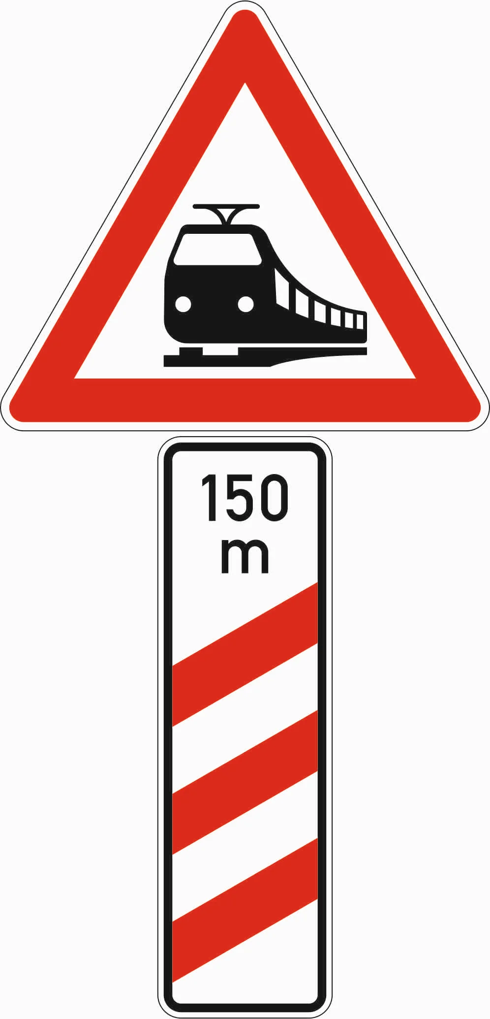 156-11 - Bahnübergang mit dreistreifiger Bake mit Entfernungsangabe - Aufstellung rechts Verkehrsschild