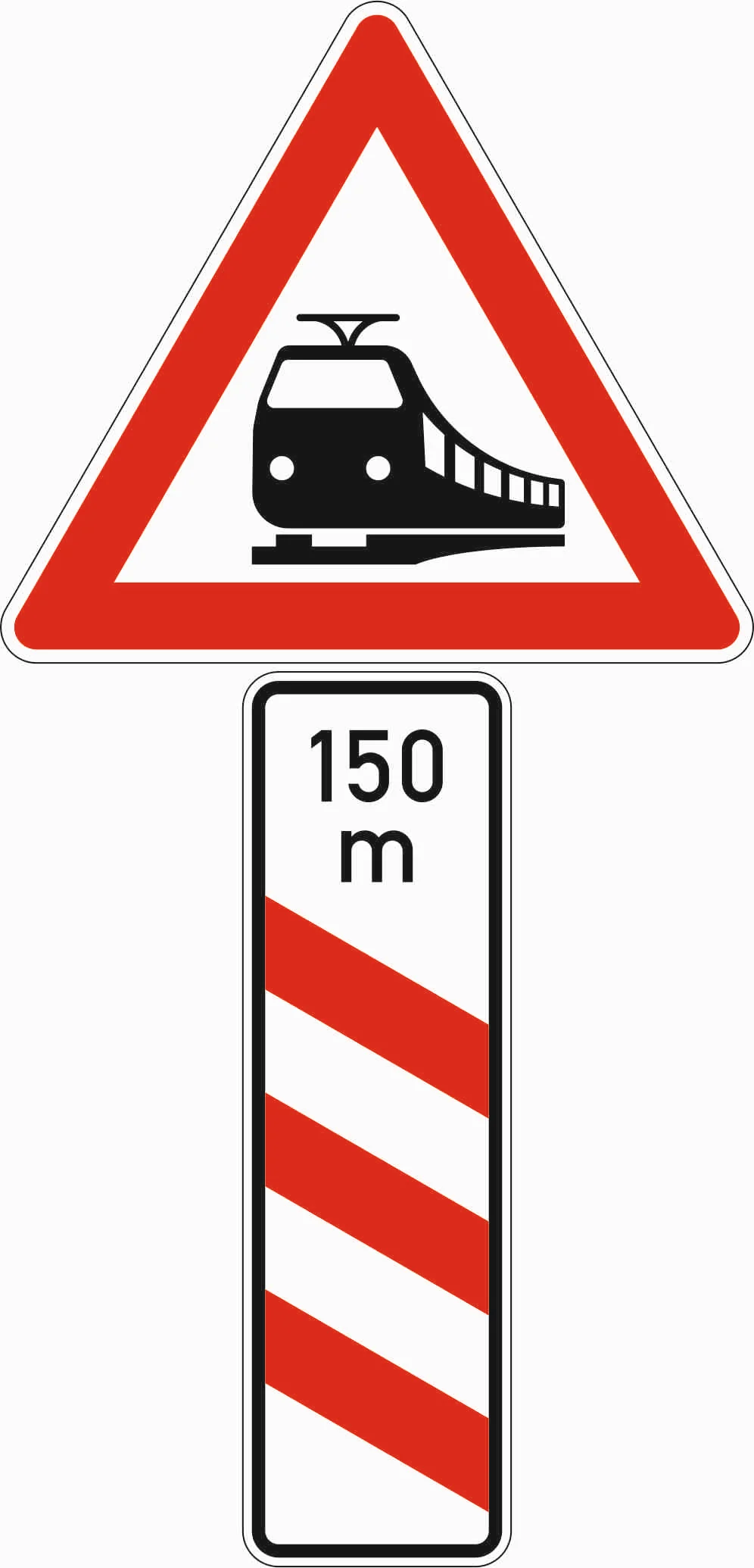 156-21 - Bahnübergang mit dreistreifiger Bake mit Entfernungsangabe - Aufstellung links Verkehrsschild