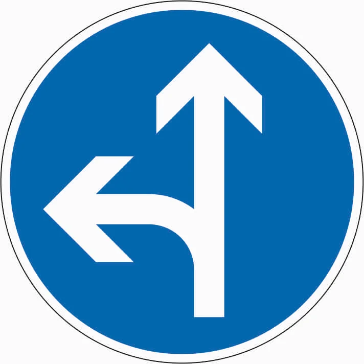214-10 - Vorgeschriebene Fahrtrichtung - geradeaus oder links Verkehrsschild