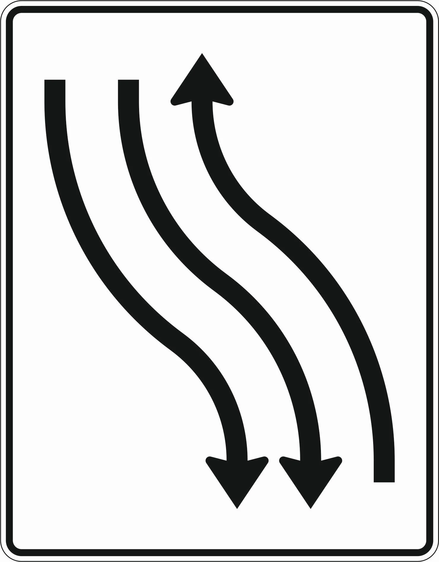 512-11 - Fahrbahnverschwenkungstafel – mit Gegenverkehr – Verschwenkung nach links 1-streifig in Fahrtrichtung 2-streifig in Gegenrichtung Verkehrsschild