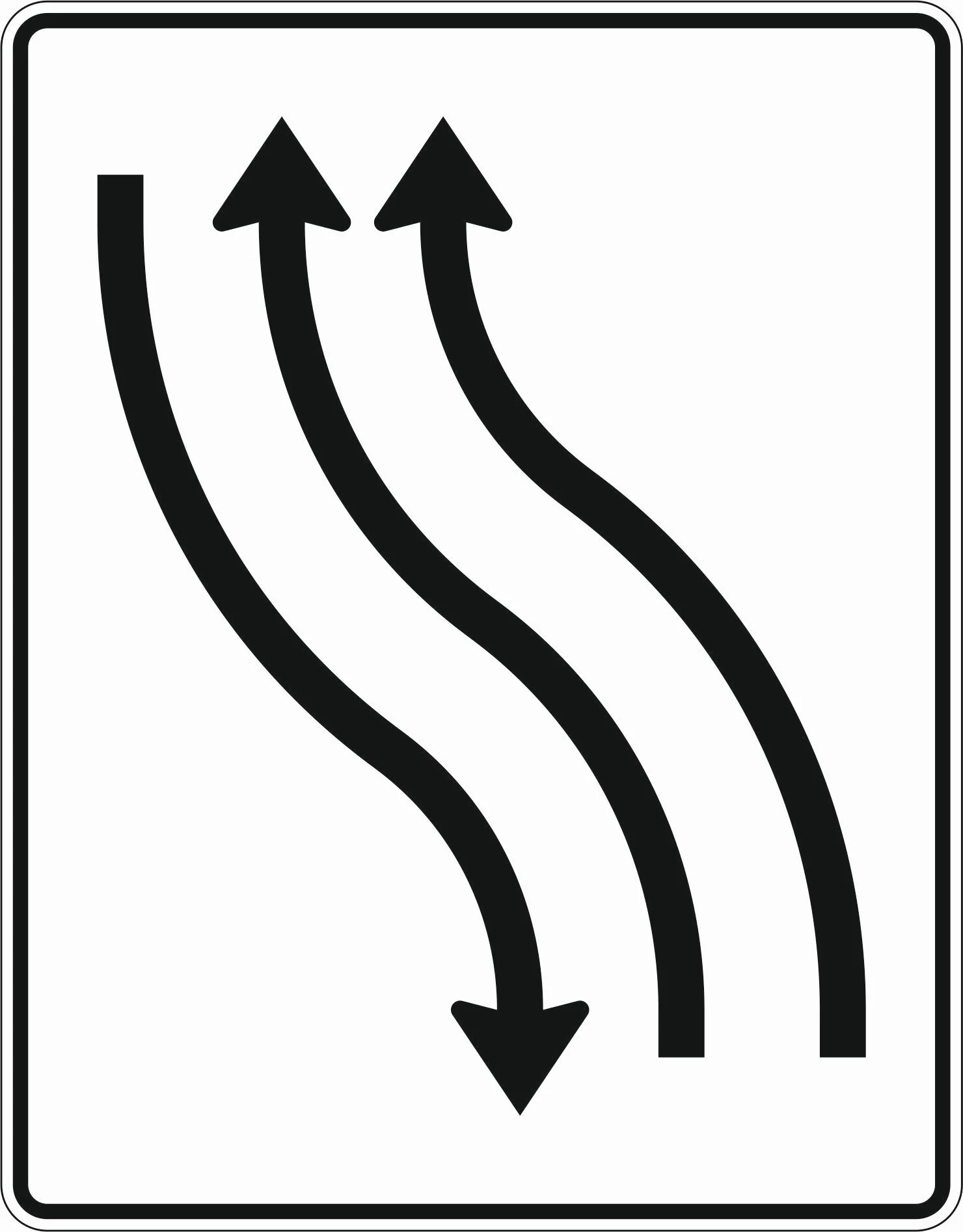 512-12 - Fahrbahnverschwenkungstafel - mit Gegenverkehr – Verschwenkung nach links 2-streifig in Fahrtrichtung und 1-streifig in Gegenrichtung Verkehrsschild