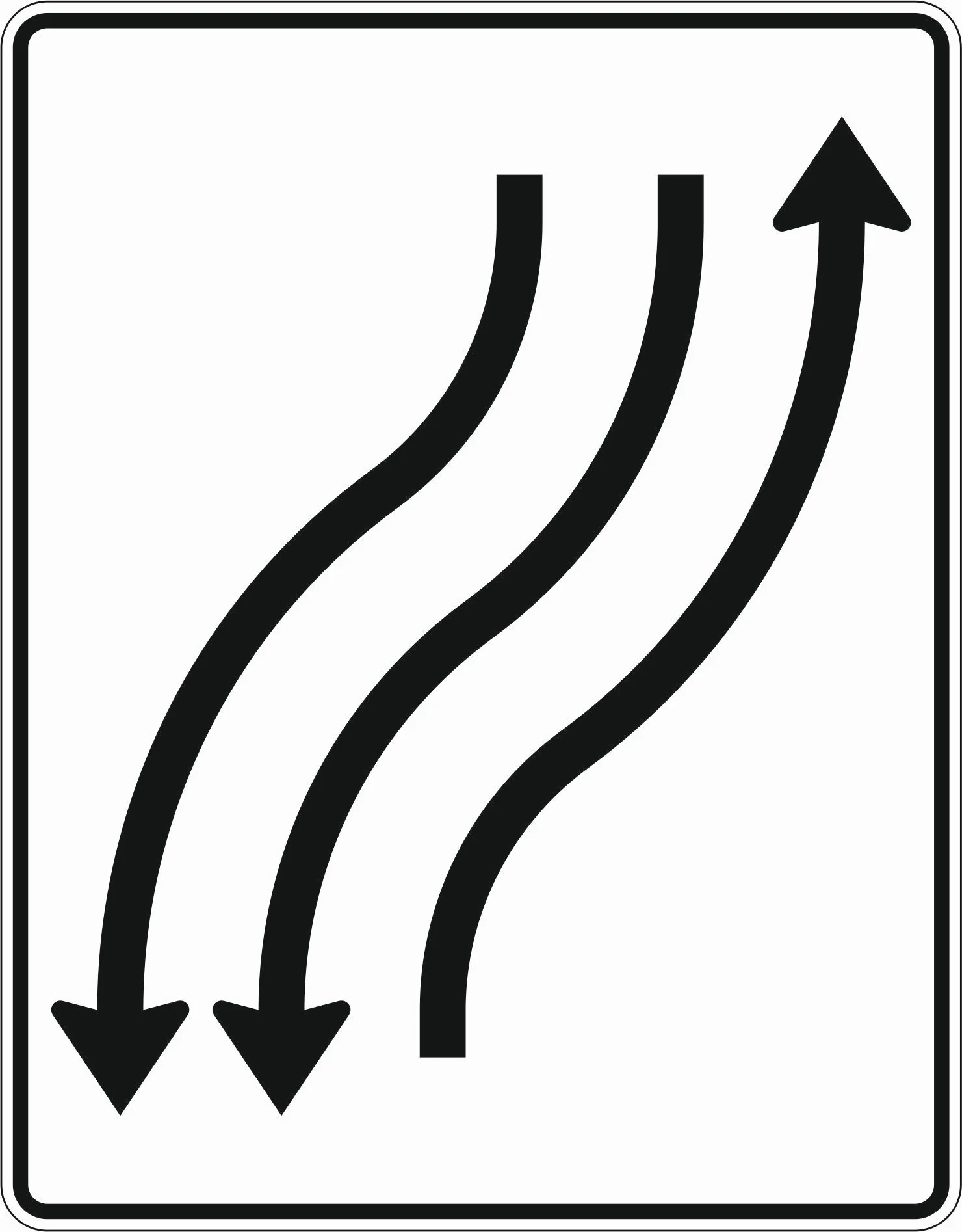 512-21 - Verschwenkungstafel - mit Gegenverkehr – Verschwenkung nach rechts 1-streifig in Fahrtrichtung und 2-streifig in Gegenrichtung Verkehrsschild