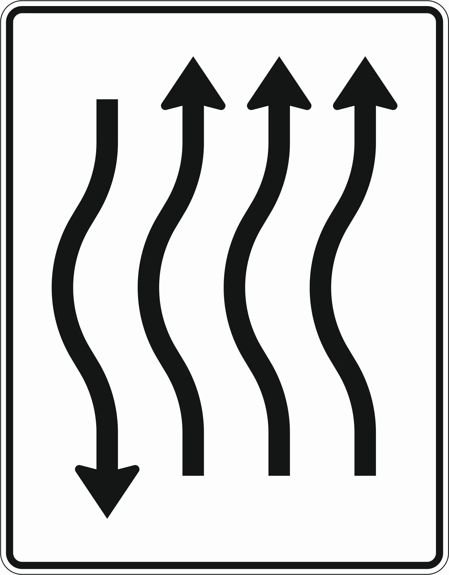 514-12 - Verkehrsleitbake kurze Verschwenkung - mit Gegenverkehr – nach links 3-spurig in Fahrtrichtung 1-spurig in Gegenrichtung Verkehrsschild