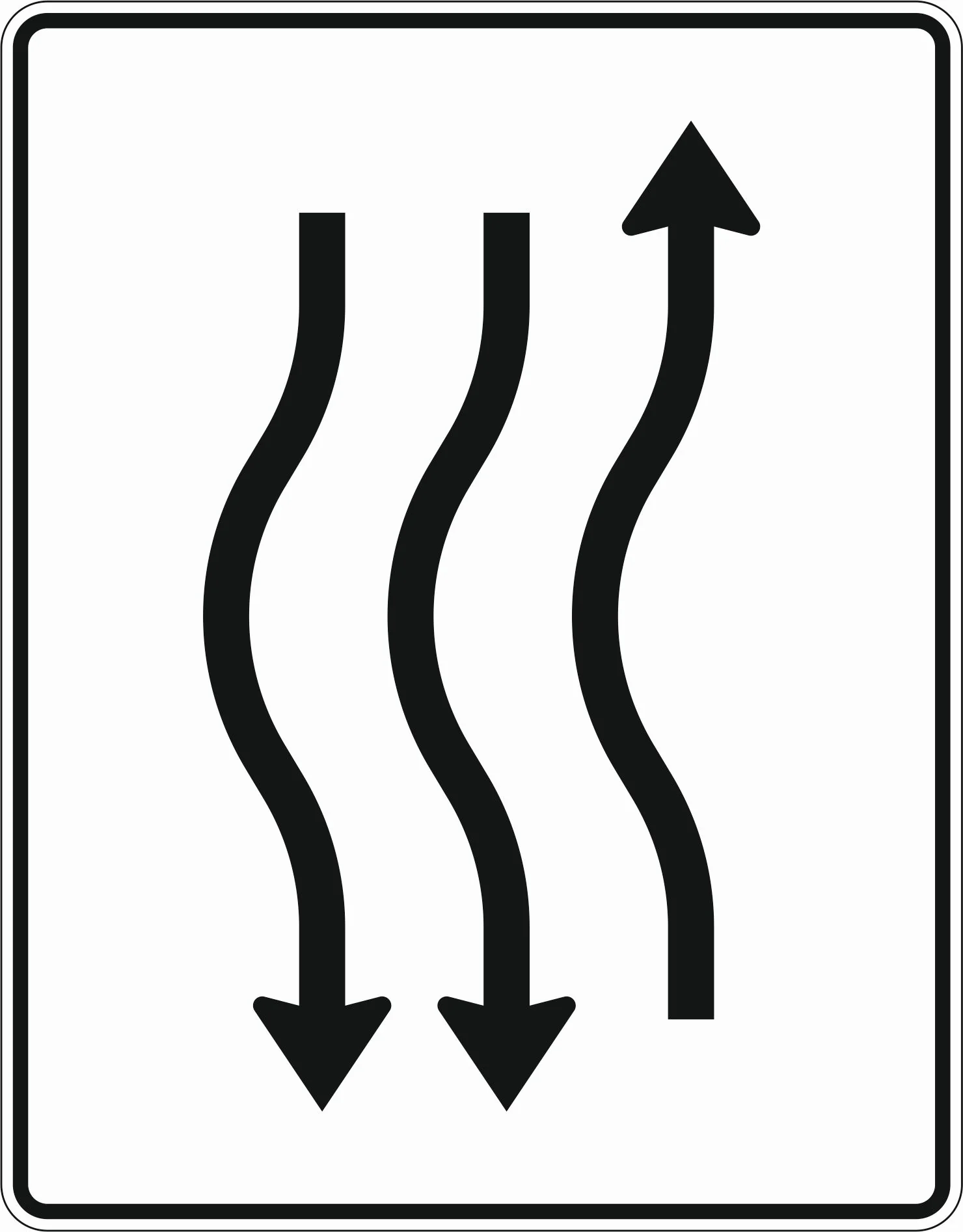 514-13 - Fahrbahnverschwenkung, kurze Verschwenkung - mit Gegenverkehr – nach links 1- Fahrstreifen in Fahrtrichtung, 2- Fahrstreifen im Gegenverkehr Verkehrsschild