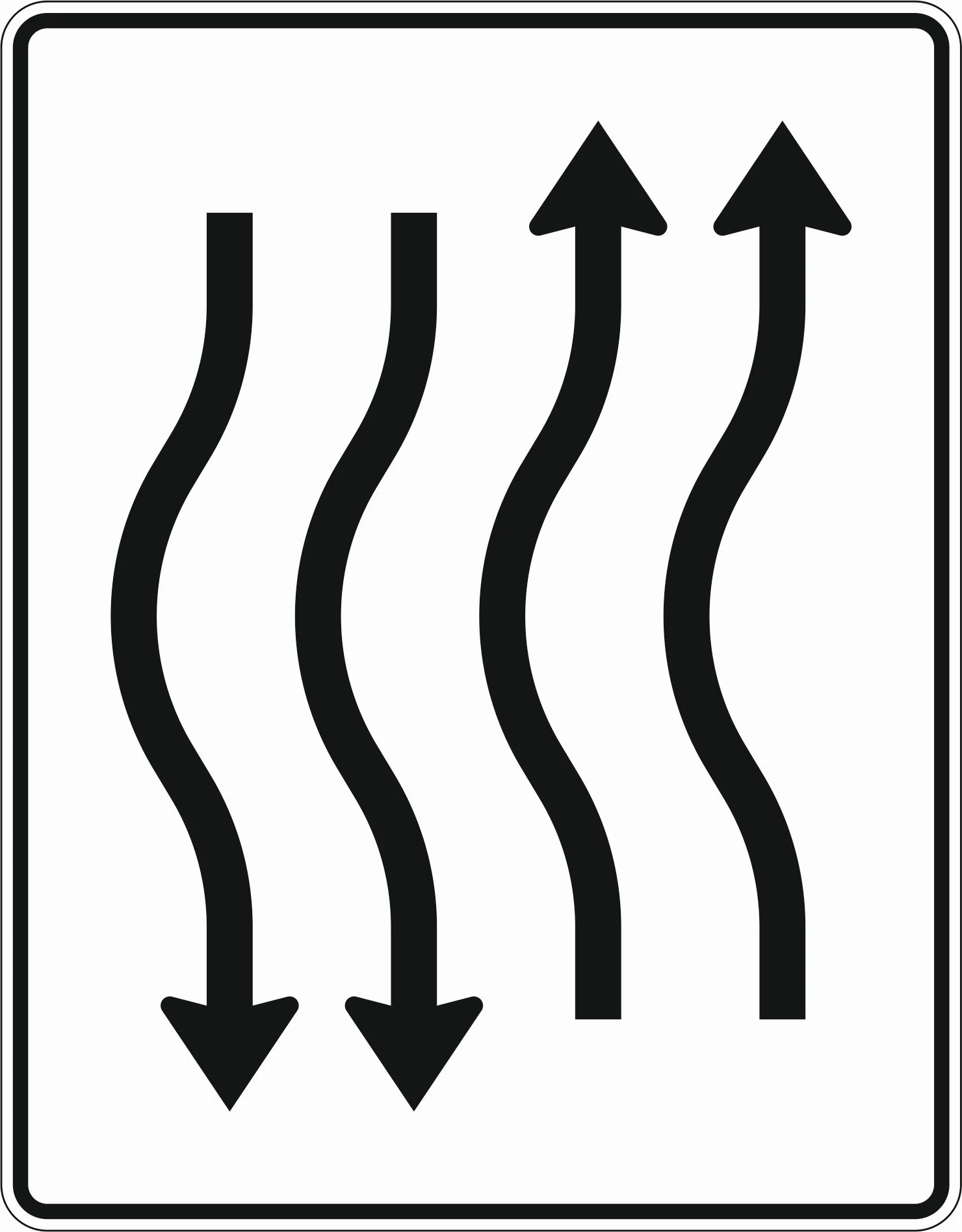 514-14 - Fahrbahnverschwenkungstafel kurze Verschwenkung - mit Gegenverkehr – nach links 2-streifig in Fahrtrichtung 2-streifig in Gegenrichtung Verkehrsschild