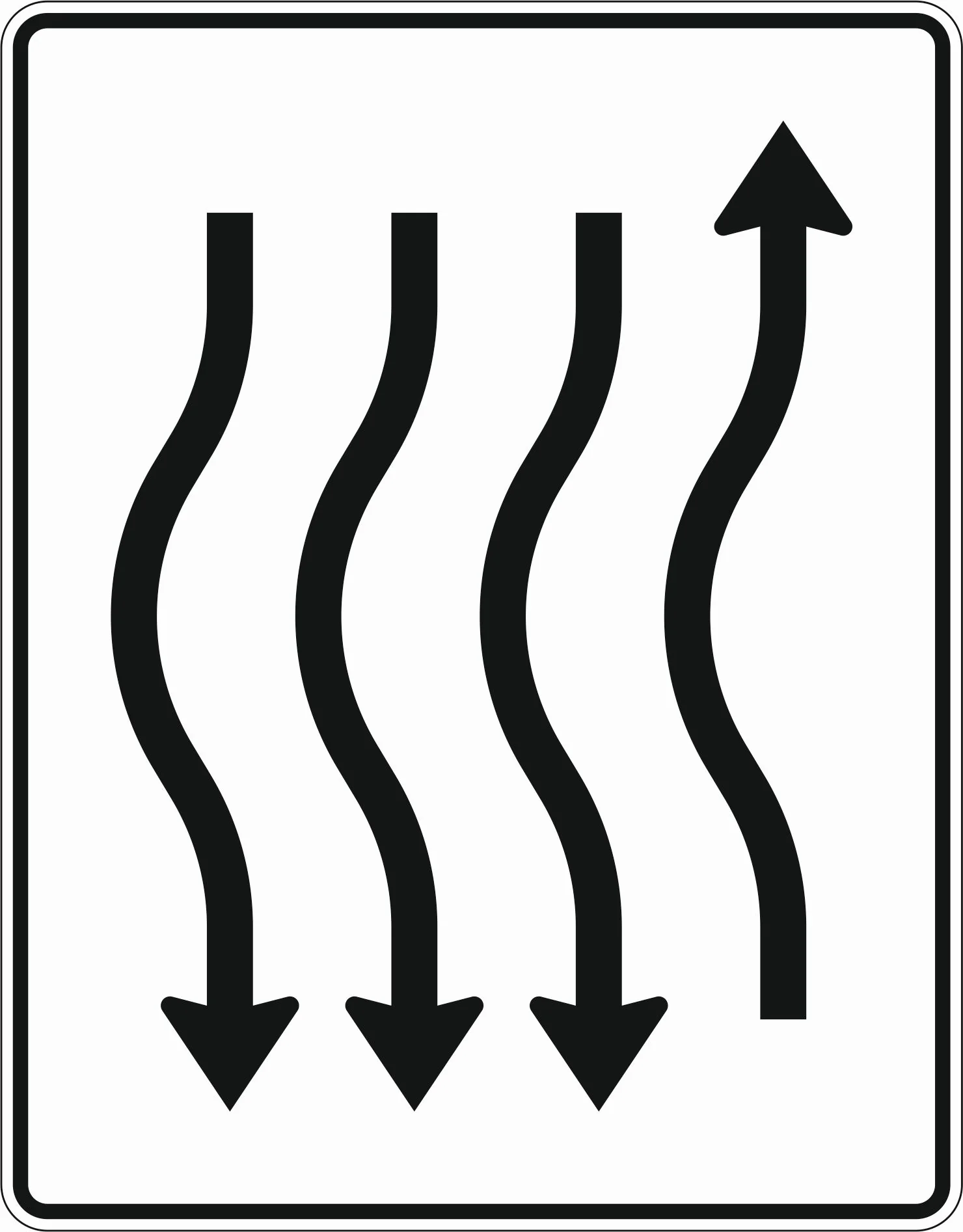 514-16 - Fahrbahnverschwenkungstafel, kurze Verschwenkung – mit Gegenverkehr – nach links 1- streifig in Fahrtrichtung und 3-streifig in Gegenrichtung Verkehrsschild