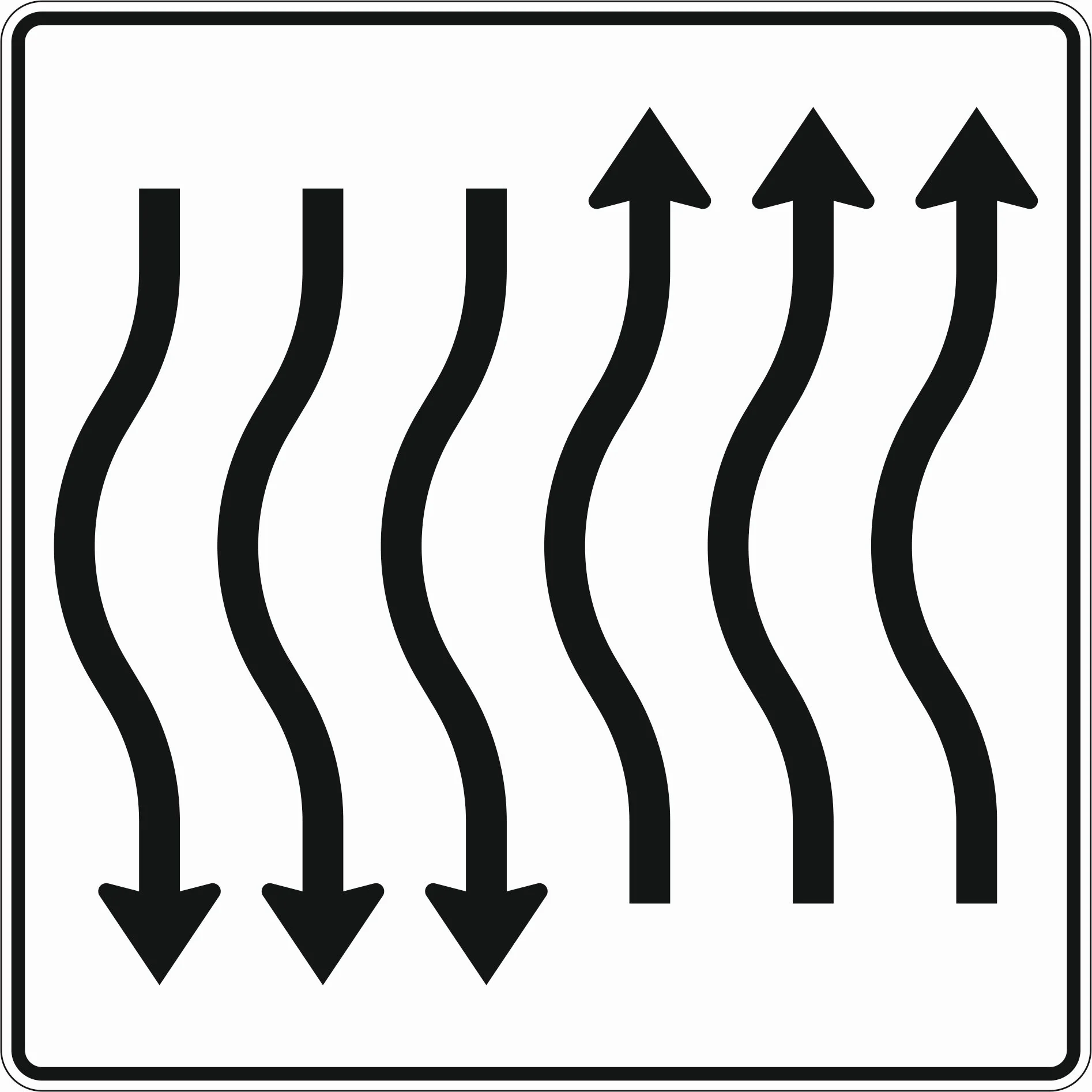514-18 - Fahrbahnverschwenkung – kurze Verschwenkung – mit Gegenverkehr – nach links 3 Fahrstreifen in Fahrtrichtung und 3 Fahrstreifen in Gegenrichtung Verkehrsschild