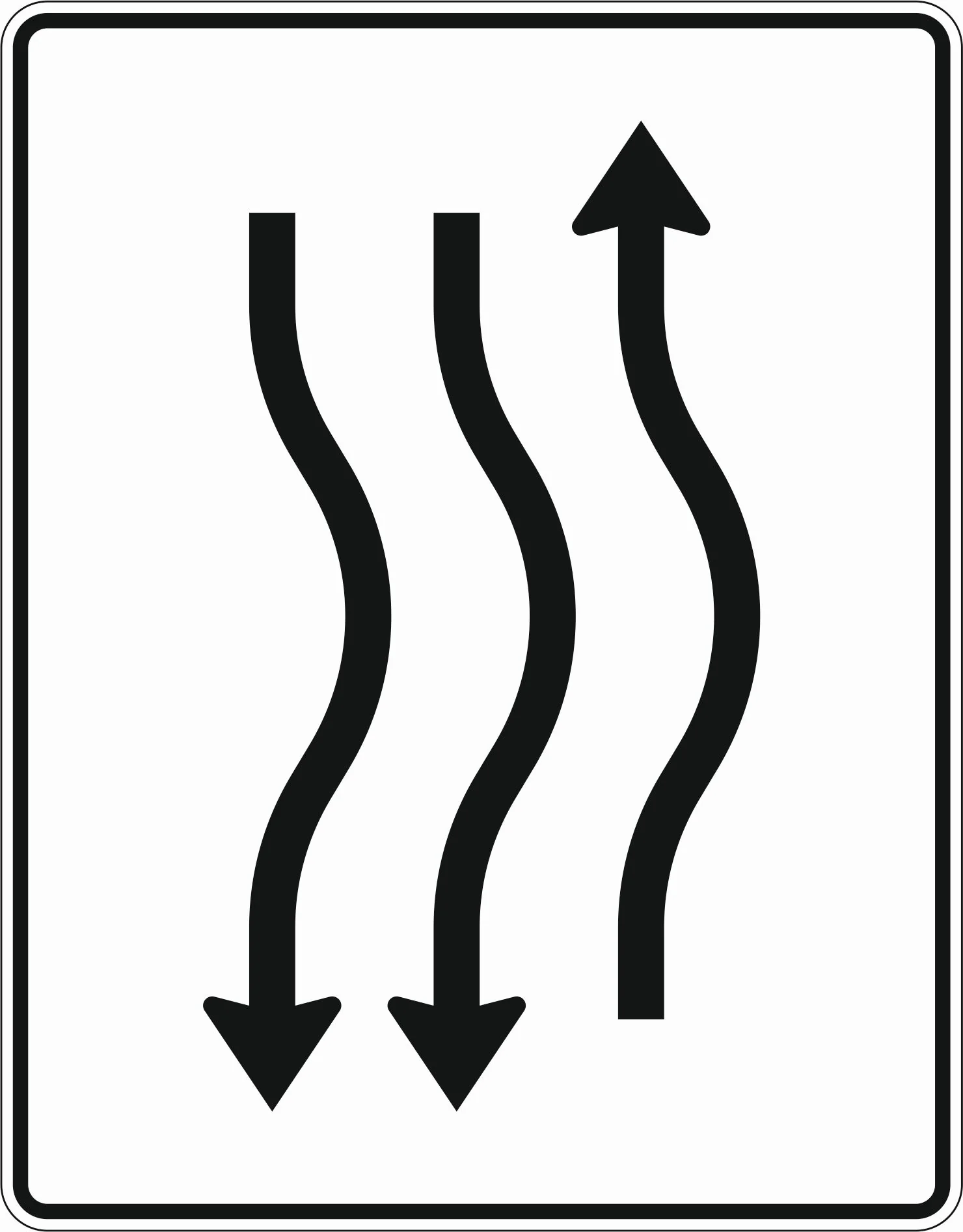 514-23 - Leitbake kurze Verschwenkung – mit Gegenverkehr – nach rechts 1- Fahrstreifen in Fahrtrichtung 2- Fahrstreifen in Gegenrichtung Verkehrsschild