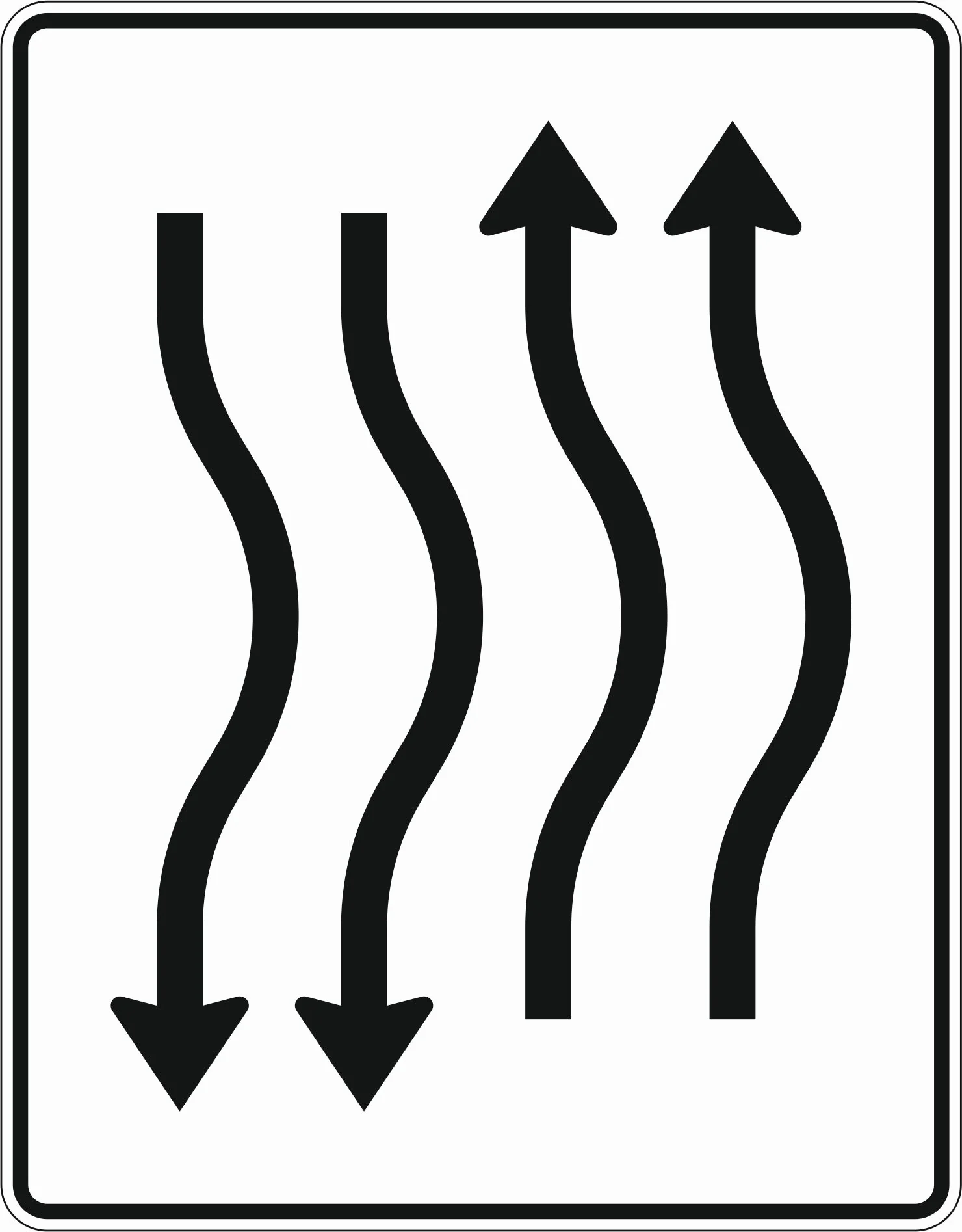 514-24 - Fahrbahnverschwenkungstafel, kurze Verschwenkung – mit Gegenverkehr – nach rechts 2 Fahrstreifen in Fahrtrichtung, 2 Fahrstreifen in Gegenrichtung Verkehrsschild