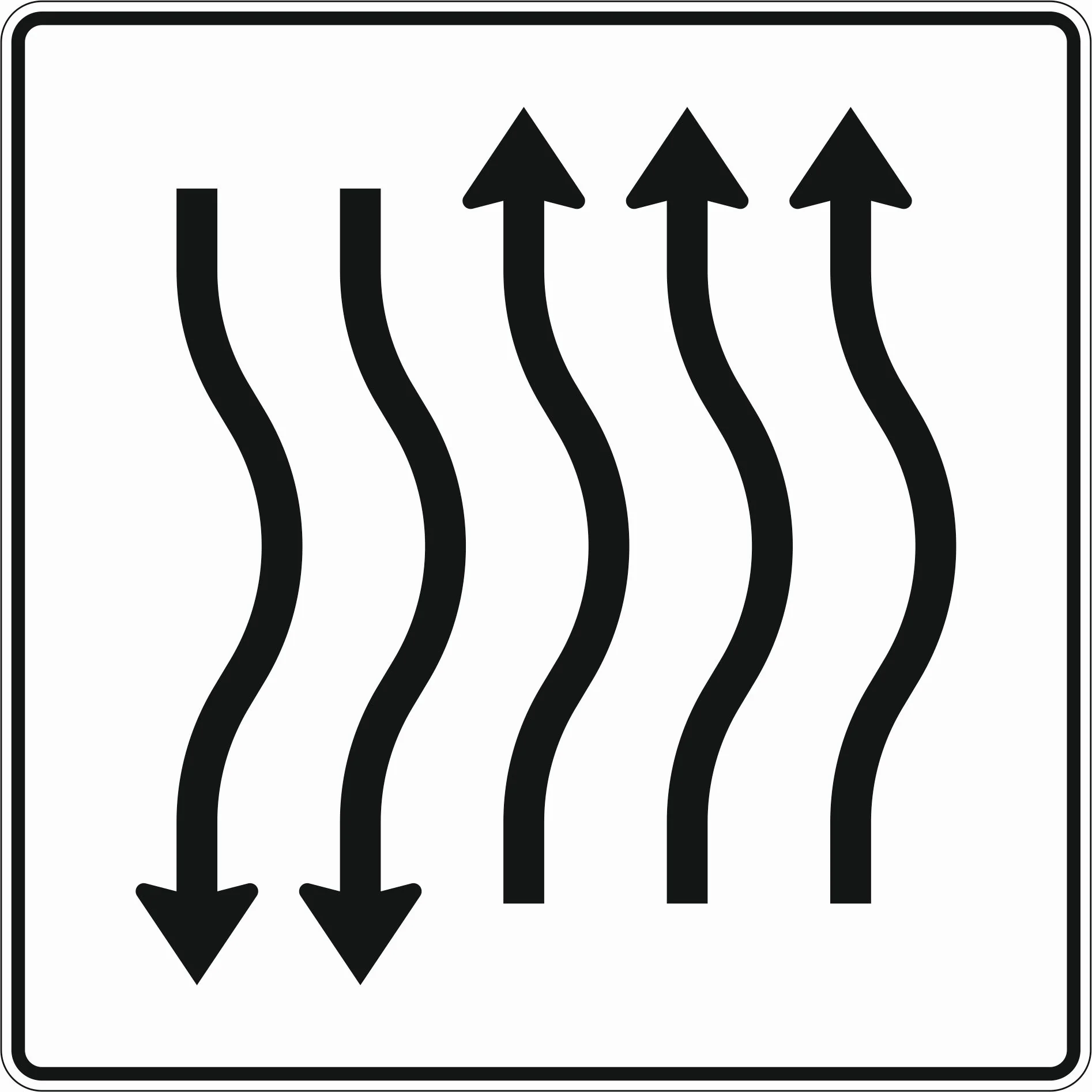 514-25 - Fahrbahnverschwenkungs-Tafel kurze Verschwenkung - mit Gegenverkehr – nach rechts 3-streifig in Fahrtrichtung 2-streifig in Gegenrichtung Verkehrsschild