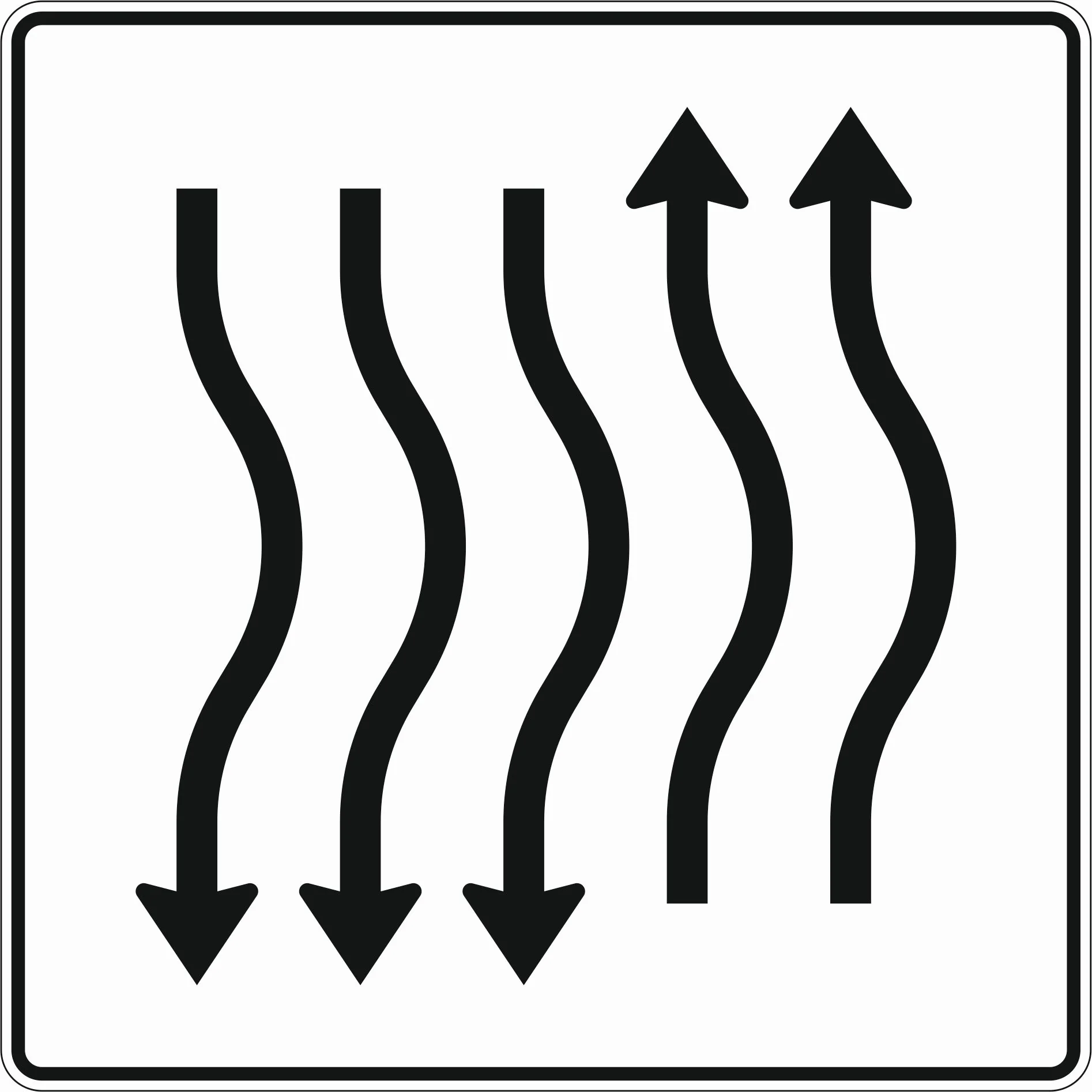 514-27 - Spurbeschilderung kurze Verschwenkung – mit Gegenverkehr – nach rechts 2-streifig in Fahrtrichtung, 3-streifig in Gegenrichtung Verkehrsschild