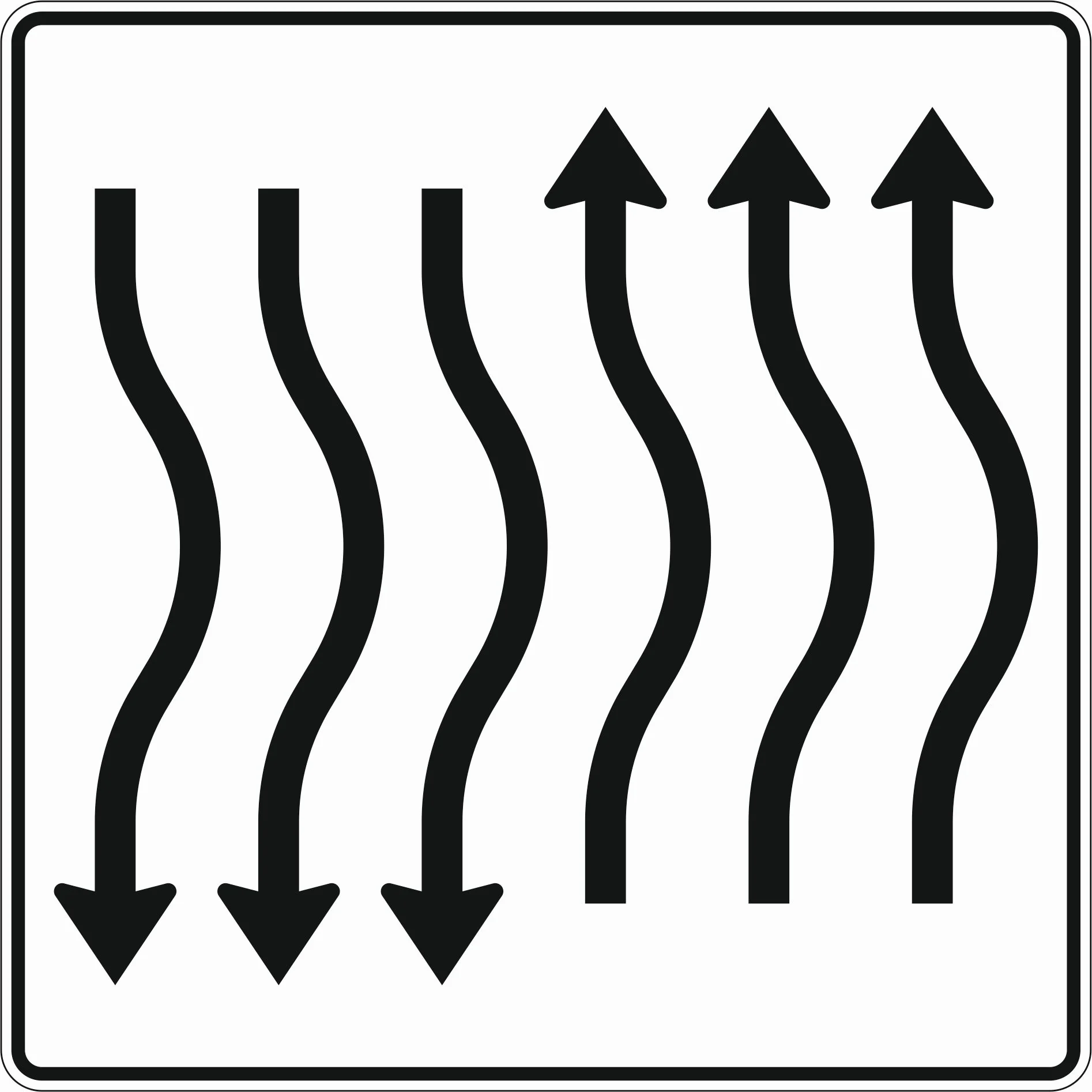 514-28 - Fahrbahnverschwenkung bei kurzer Verschwenkung - mit Gegenverkehr – nach rechts 3-streifig in Fahrtrichtung 3-streifig in Gegenrichtung Verkehrsschild