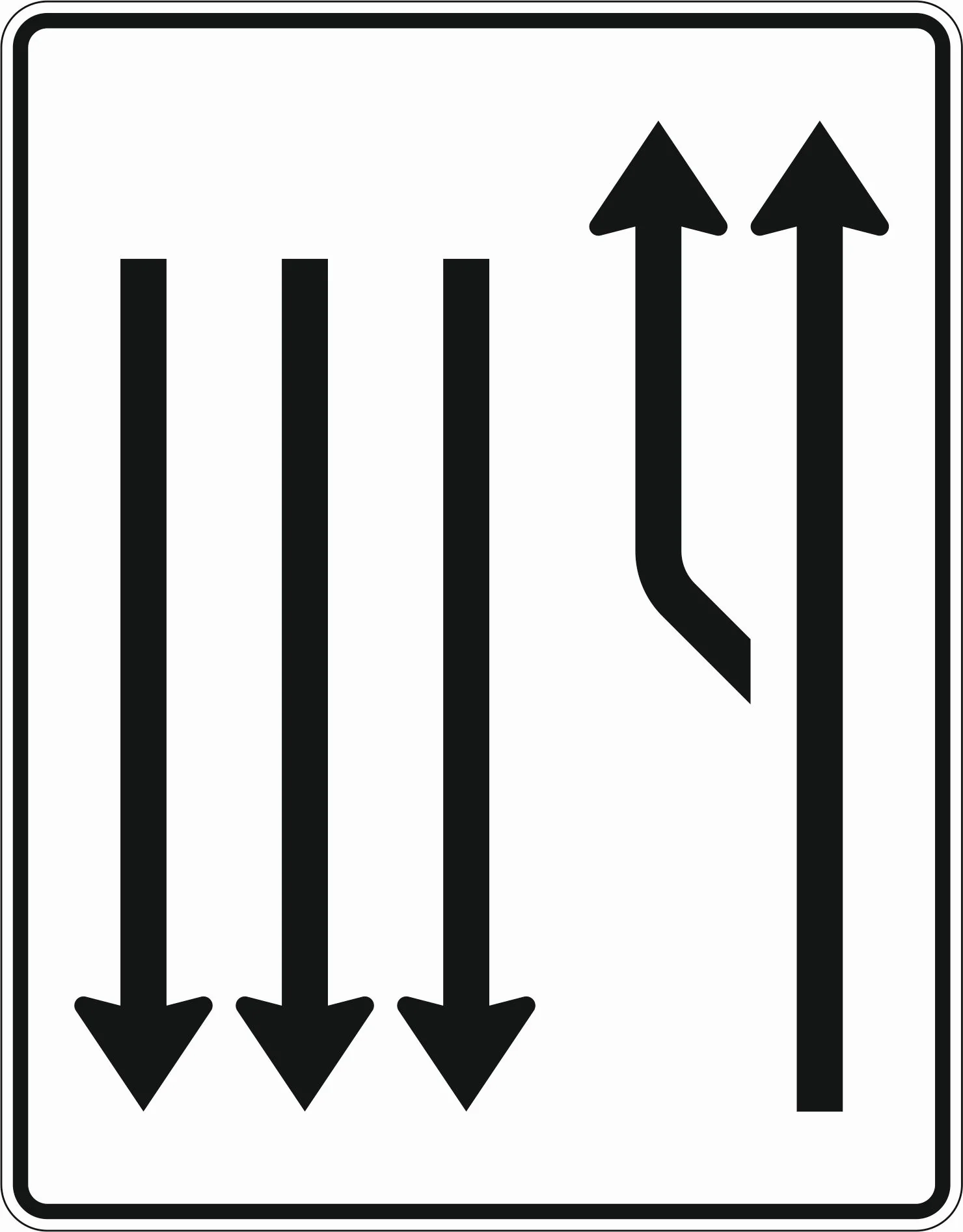 542-14 - Aufweitungstafel - mit Gegenverkehr - 1-streifig plus Fahrstreifen links und 3 Fahrstreifen in Gegenrichtung Verkehrsschild