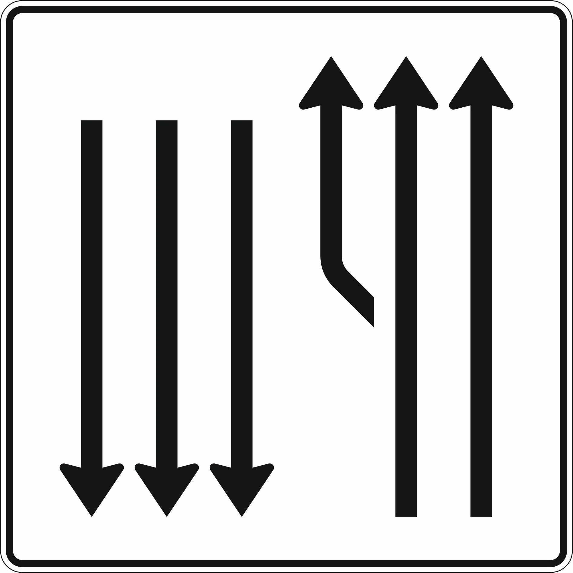 542-15 - Aufweitungstafel - mit Gegenverkehr - 2-streifig plus Fahrstreifen links und 3 Fahrstreifen in Gegenrichtung Verkehrsschild