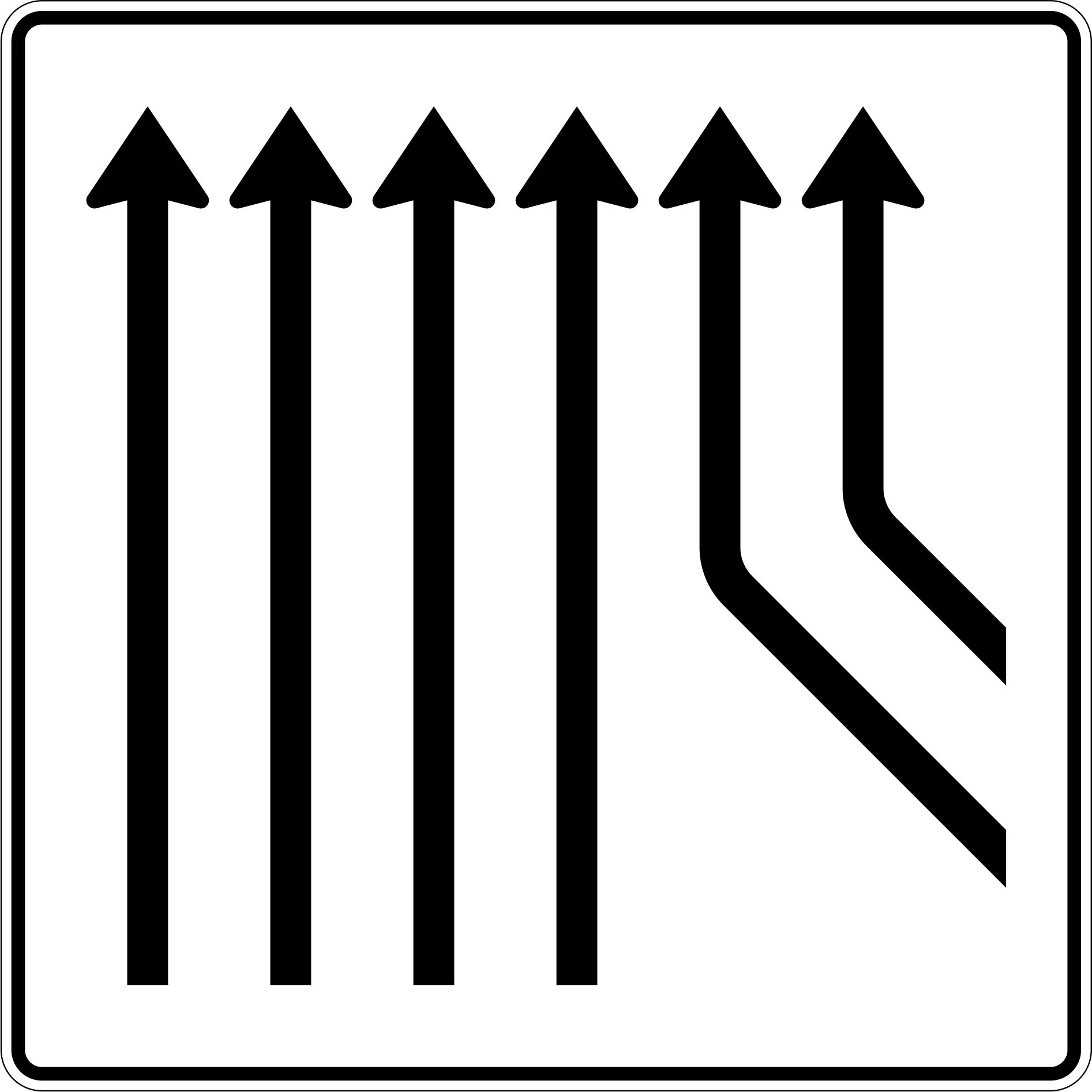 550-26 - Zusammenführungstafel - an durchgehender Strecke - 4-streifig plus 2 Fahrstreifen von rechts Verkehrsschild