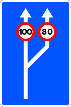 S-53a - Transition from One to Two Traffic Lanes with Maximum Speed per Lane road sign