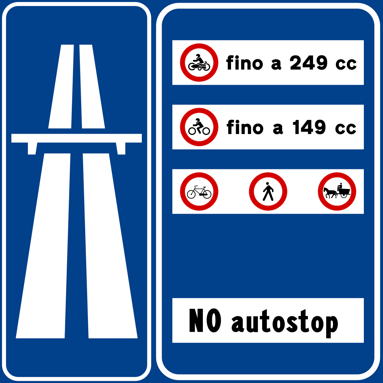 II.347 - Segnale stradale Preavviso di Autostrada con Riassunto delle Restrizioni di Transito
