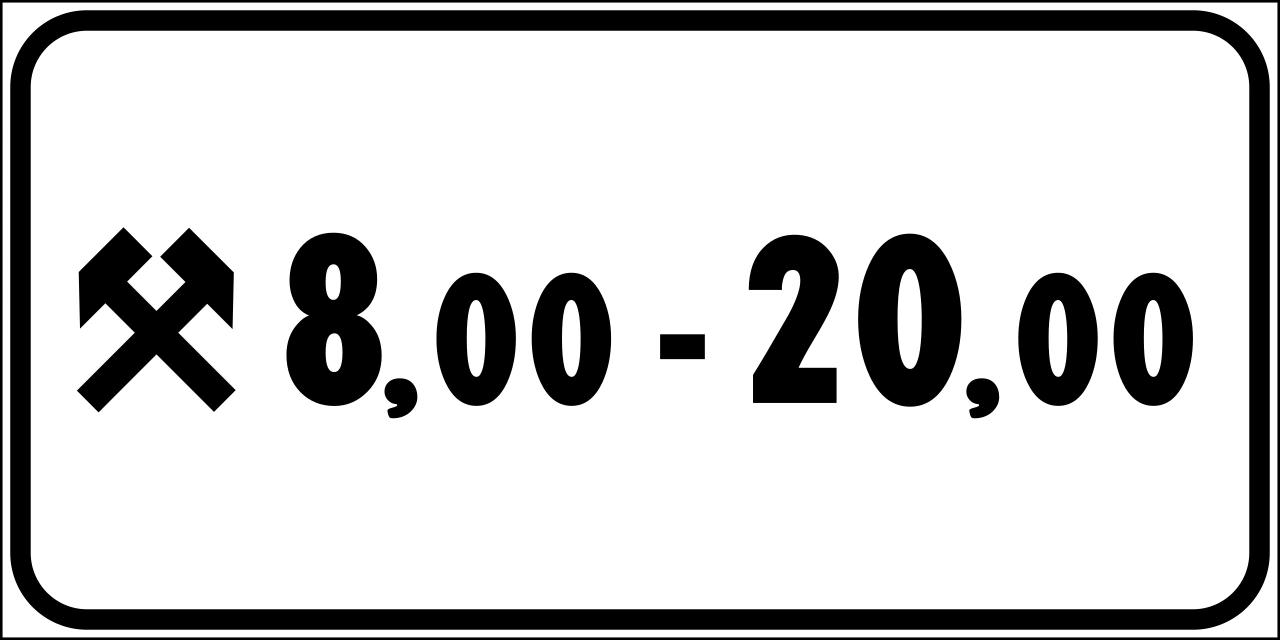 II.3-d - Rozkład jazdy: znak pomiędzy podanymi godzinami, ale tylko w dni robocze (reprezentowane przez dwa skrzyżowane młotki) znak drogowy