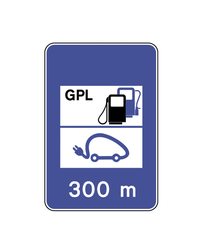 H13d - H13d - Estación de servicio con tipo de combustible y con servicio para vehículos elé (Estación de servicio con tipo de combustible y con servicio para vehículos elé) señal de tráfico