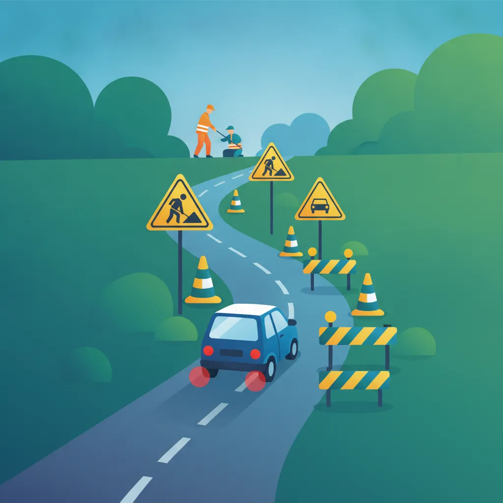 Illustration for the driving theory topic Road Work Zones (Baustelle) for learners in Austria