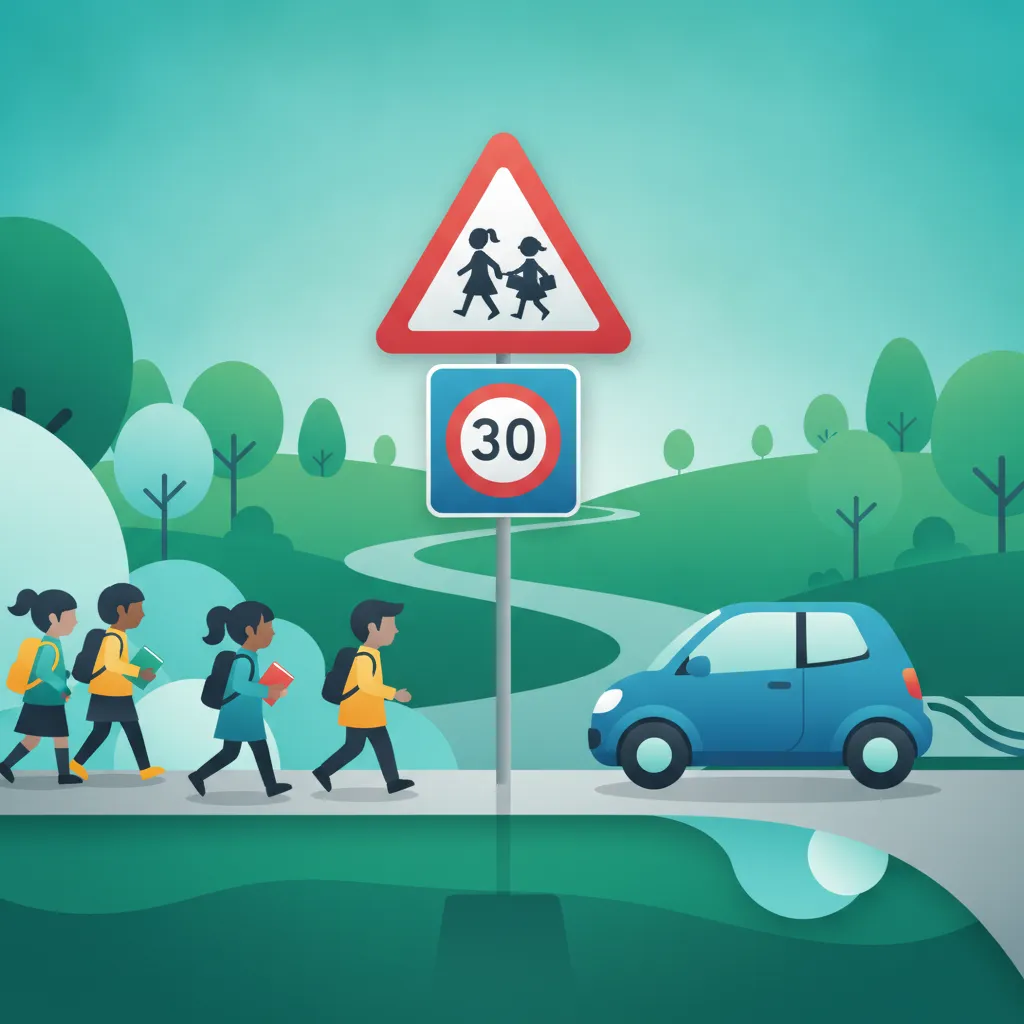 Illustration for the driving theory topic School Zones & Child Safety for learners in Belgium