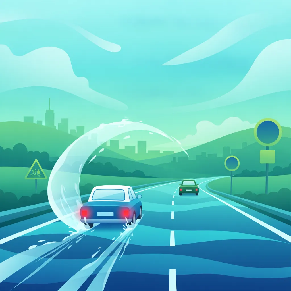 Illustration for the driving theory topic Wet Road Braking & Aquaplaning for learners in Germany