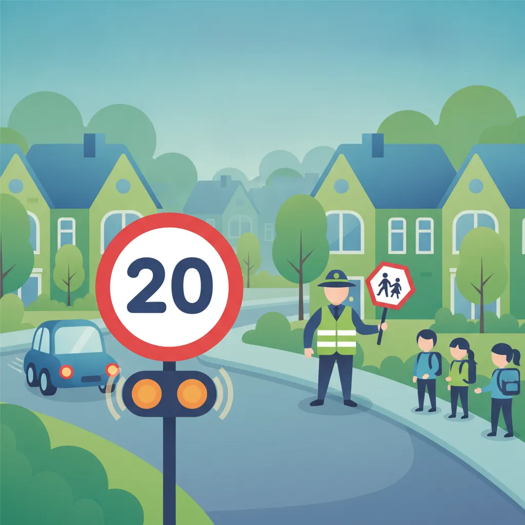 Illustration zum Thema Fahrtheorie Fahren in der Nähe von Schulen für Lernende in Großbritannien