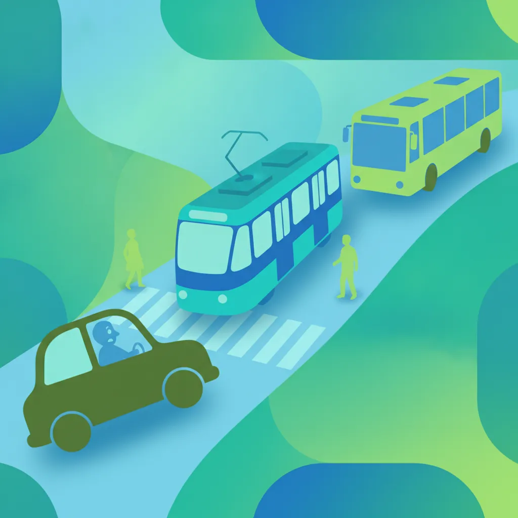 Ilustración del tema de teoría de conducción Prioridad de Tranvía y Transporte Público para alumnos de Irlanda