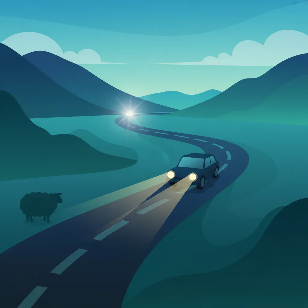 Ilustración del tema de teoría de conducción Seguridad al conducir de noche para alumnos de Islandia