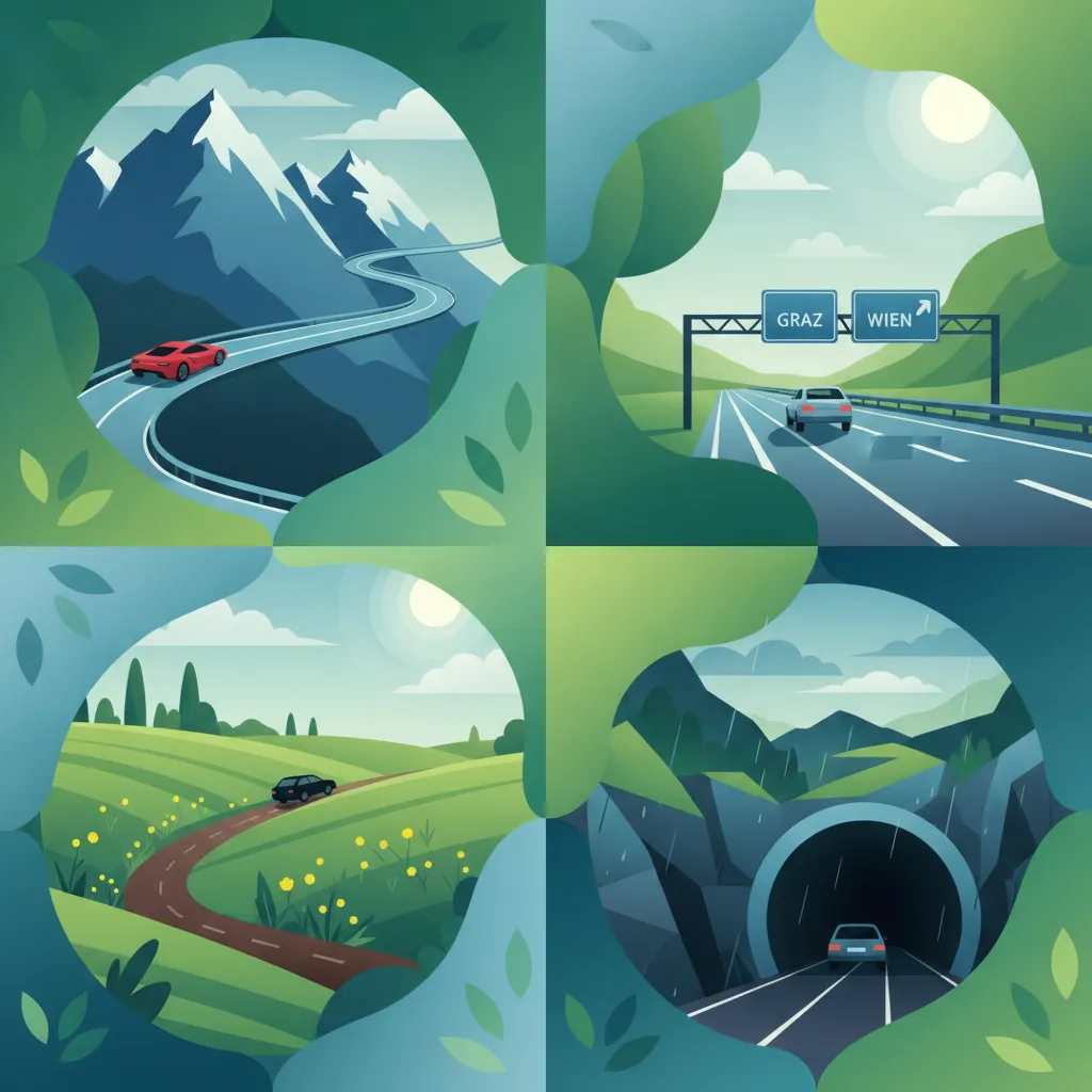 Ländliche Straßen, Alpenstraßen, Autobahnen, Tunnel und Wetter-Einheitsbild