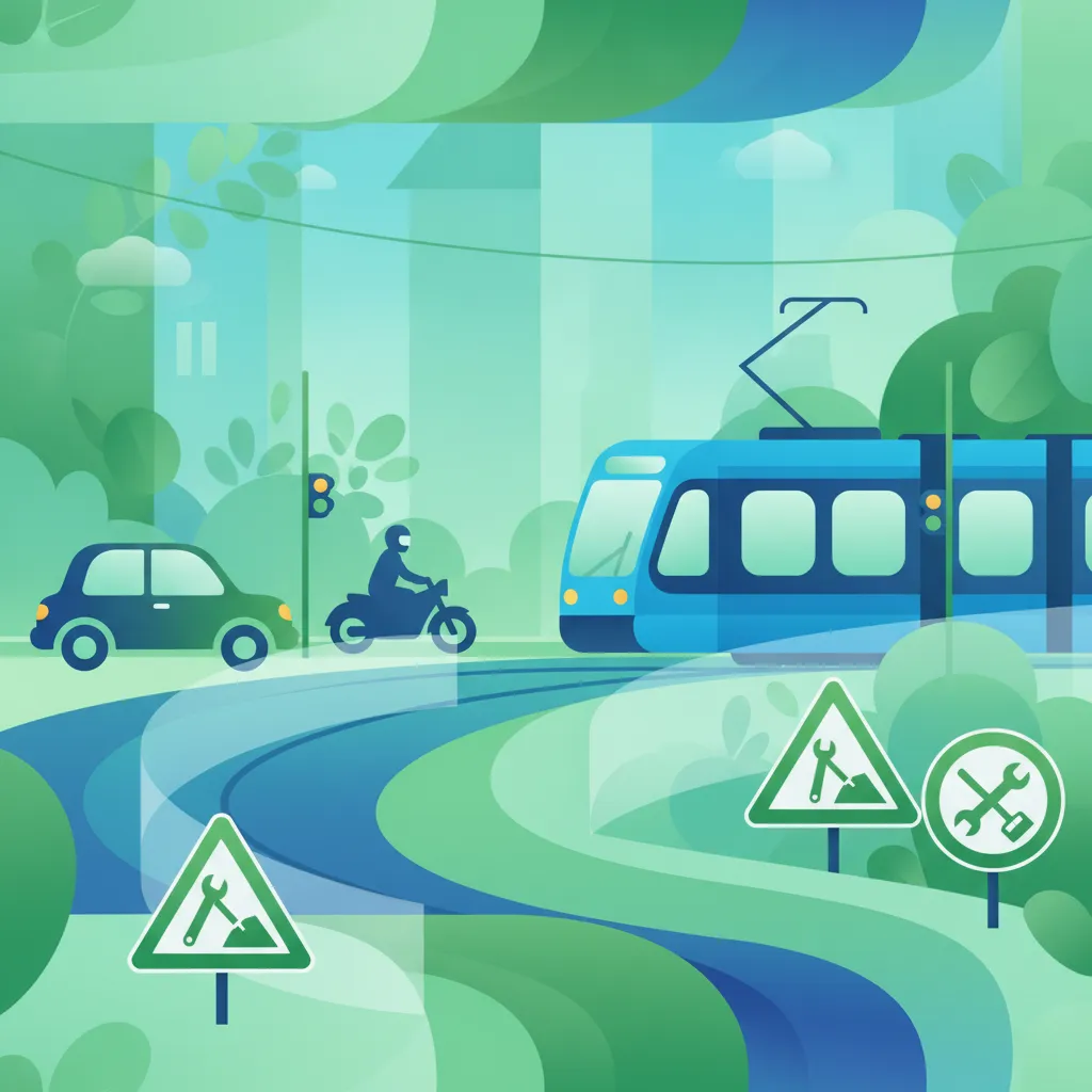 Kreuzungen, Kreisverkehre, Straßenbahnschienen, Baustellen und Stadtverkehr-Einheitsbild