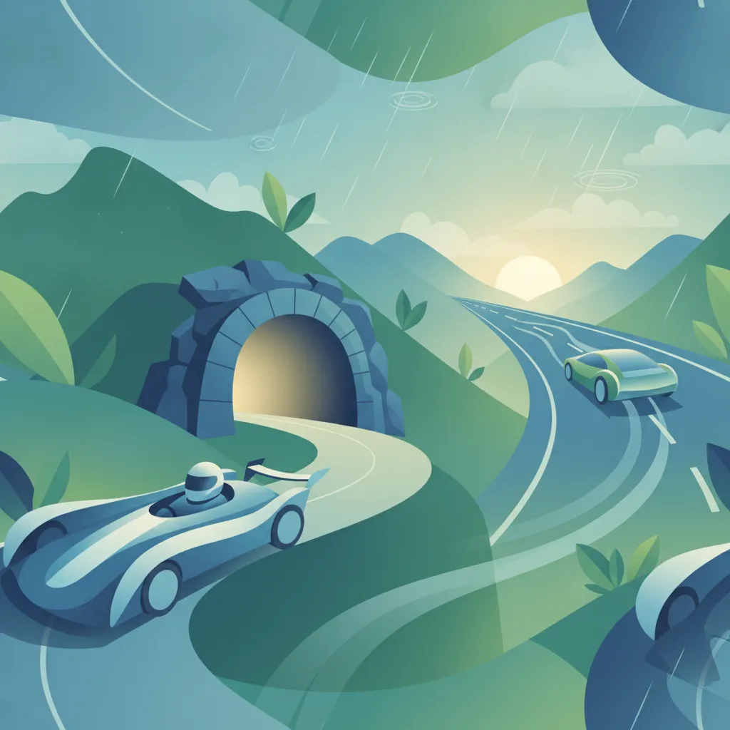 Ländliche Straßen, Bergstraßen, Autobahnen, Tunnel, Wetter und Öko-Fahren-Einheitsbild