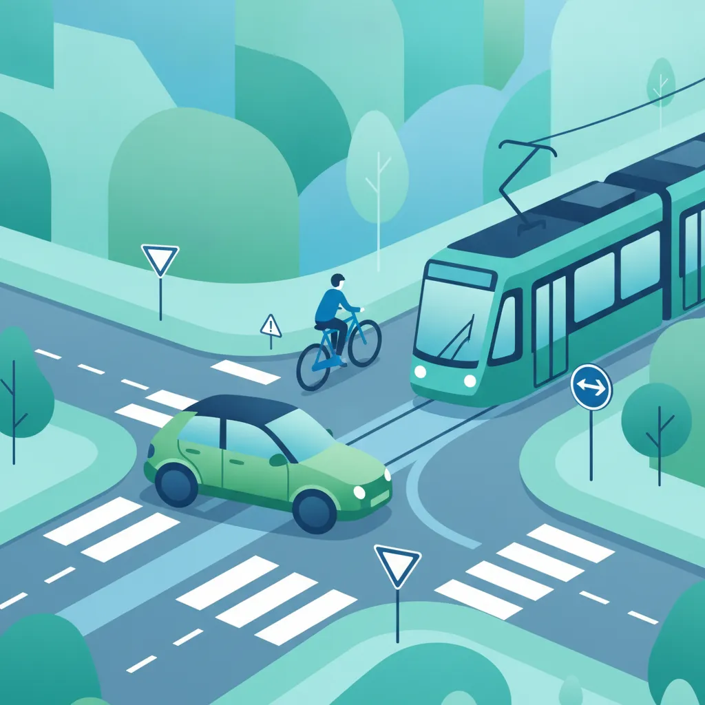 Grafika modułu Nawigacja na skrzyżowaniach, rondach, torach tramwajowych i w ruchu mieszanym