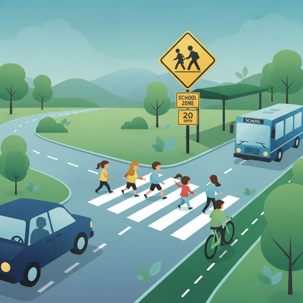 Verkehrsteilnehmer mit erhöhtem Schutzbedarf, Fußgänger, Radfahrer und Schulzonen-Einheitsbild