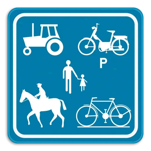 F99c - Start of a road or part of a road reserved for farm vehicles, pedestrians, cyclists horse riders and drivers of speed pedelecs road sign