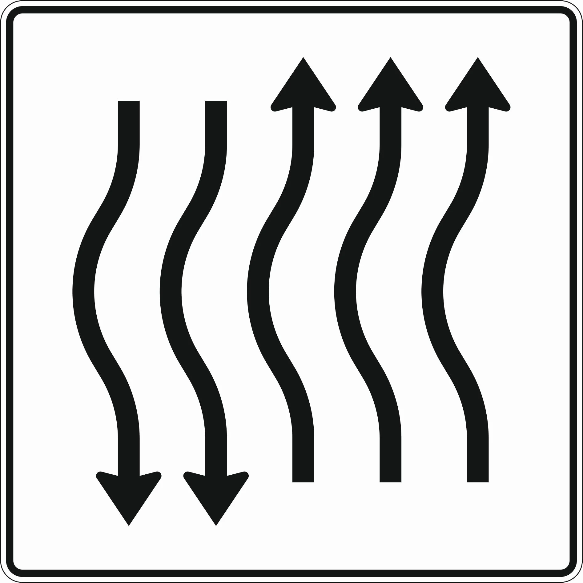 514-15 - Fahrbahnverschwenkungs-Tafel kurze Verschwenkung - mit Gegenverkehr – nach links 3-streifig in Fahrtrichtung, 2-streifig in Gegenrichtung Verkehrsschild