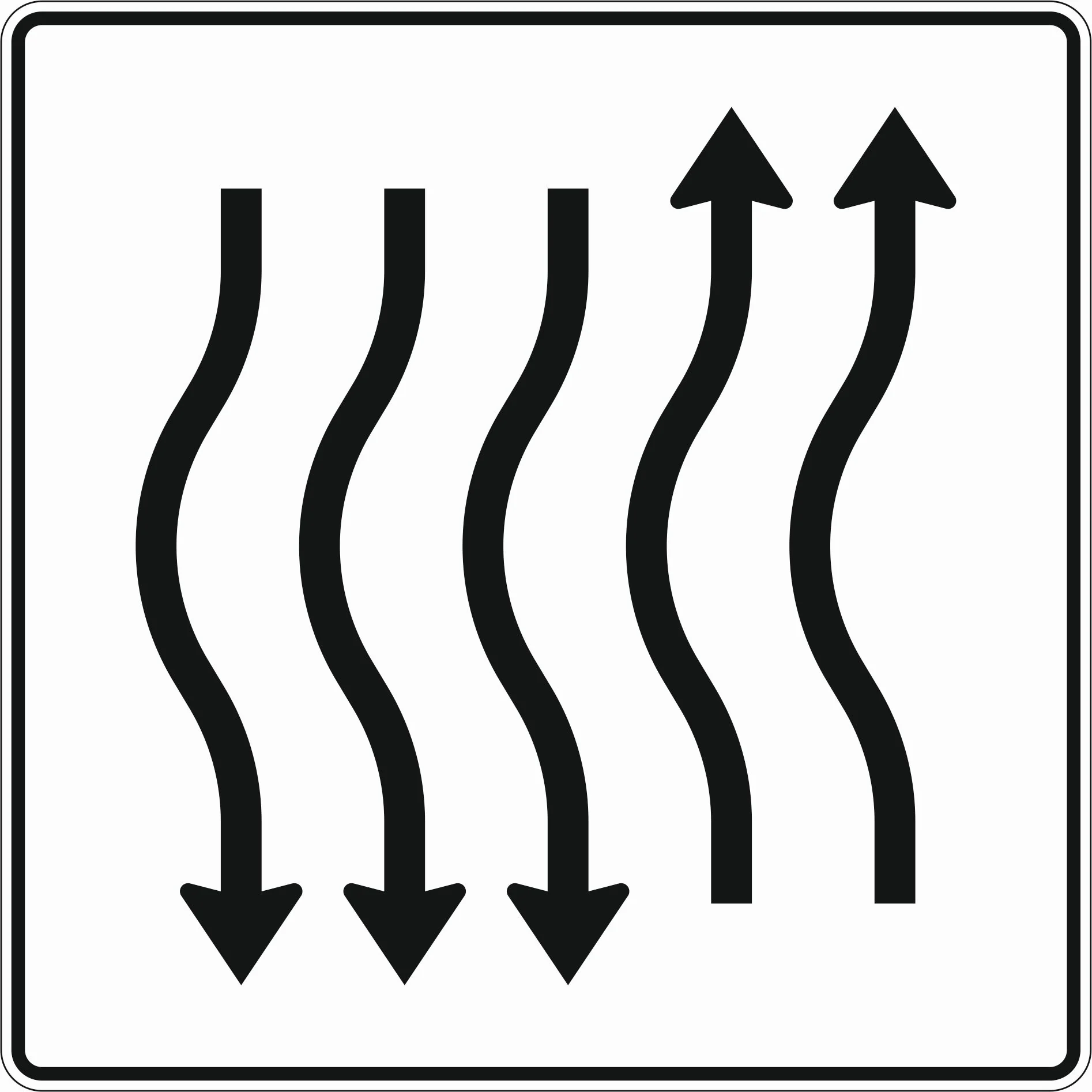 514-17 - Verschwenkungstafel kurze Verschwenkung - mit Gegenverkehr – nach links 2- streifig in Fahrtrichtung und 3-streifig in Gegenrichtung Verkehrsschild