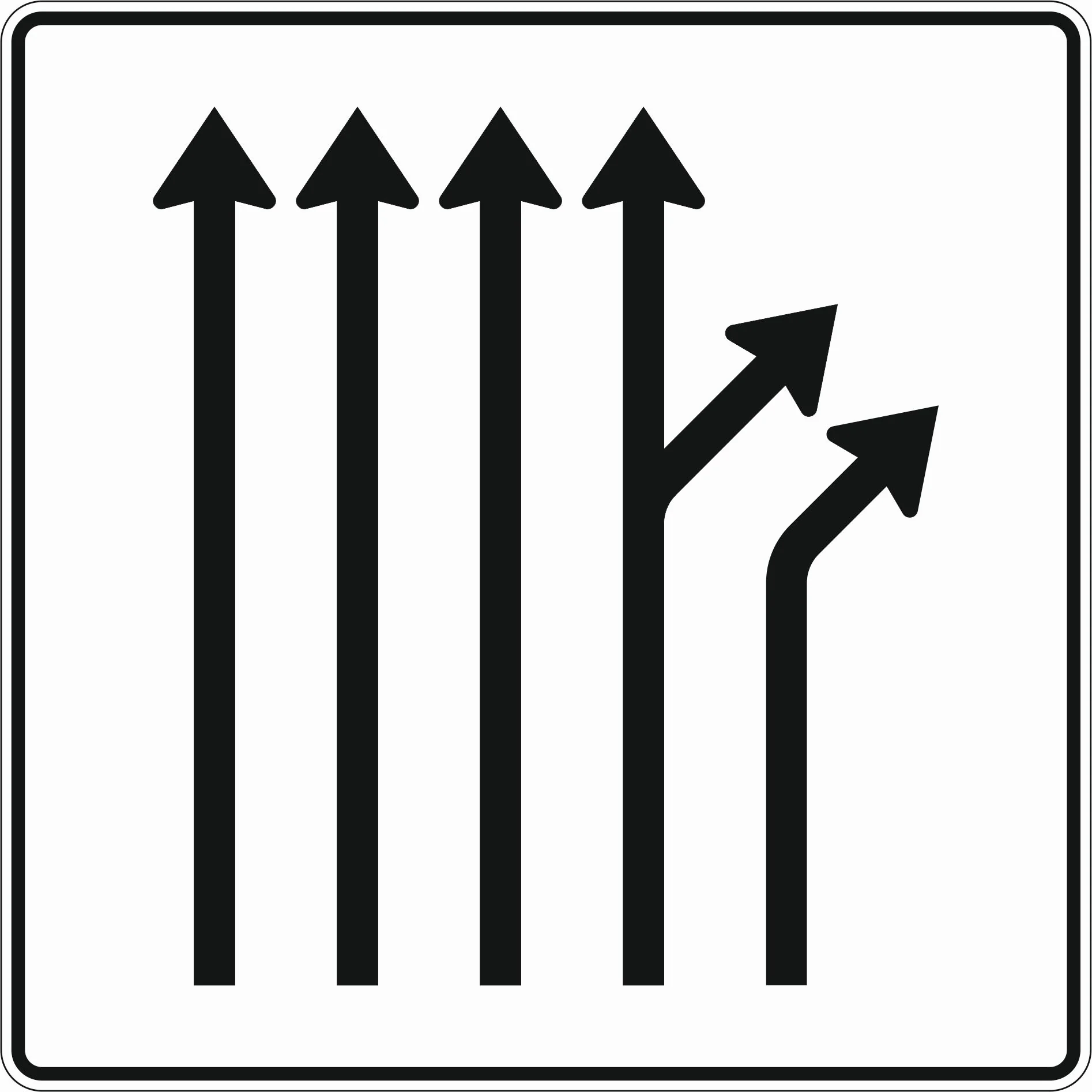 533-62 - Trennungsbake – 4 Fahrstreifen durchgehend und 1 Fahrstreifen sowie aus dem rechten durchgehenden Fahrstreifen rechts ab Verkehrsschild