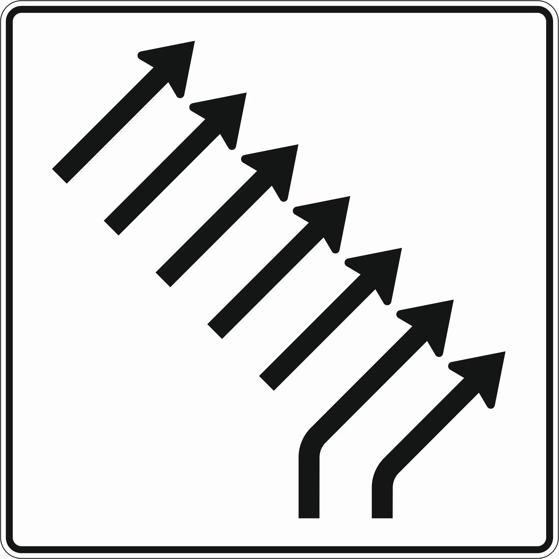 551-29 - Verkehrsschild "Zusammenführungstafel - an einmündender Strecke - 2-lane einmündend plus 5-lane continuing" Verkehrsschild