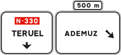 S-230a - Pre-signaling with signs on the carriageway on a conventional road towards a conventional road and its own direction road sign