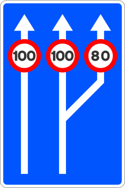 S-53c - Transition from Two to Three Traffic Lanes with Maximum Speed per Lane road sign