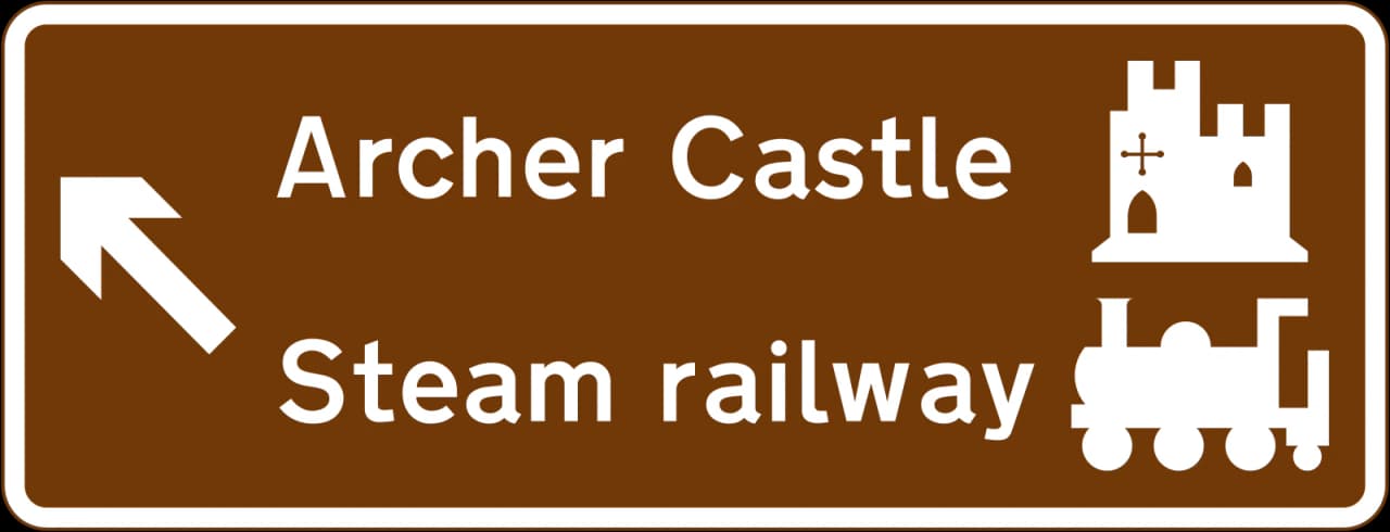 2926 - Junction ahead from a motorway exit slip road to the tourist attractions shown road sign